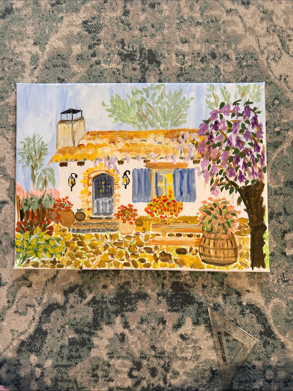 Hand-Painted Mediterranean Cottage — acrylics, original artwork